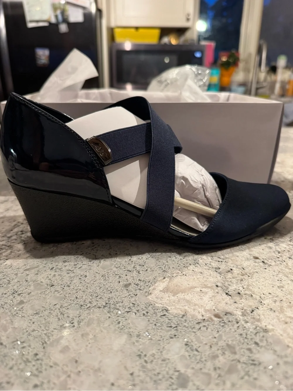 NWB Anne Klein Navy Wedge Dress Shoe with Elastic Cross Straps